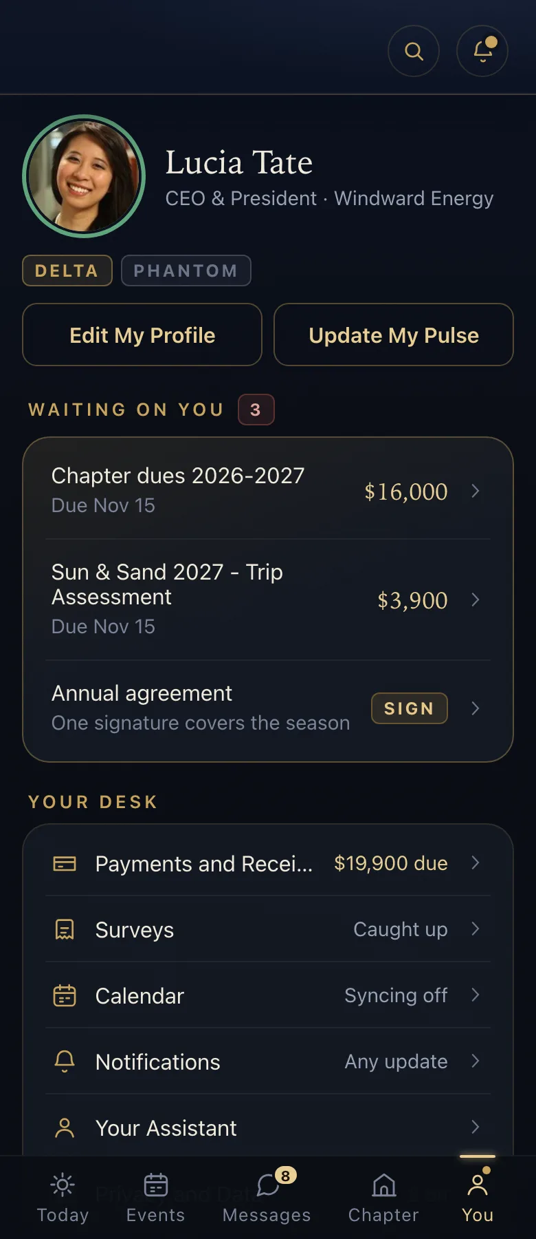 You - the member's own desk: profile, payments, surveys, settings