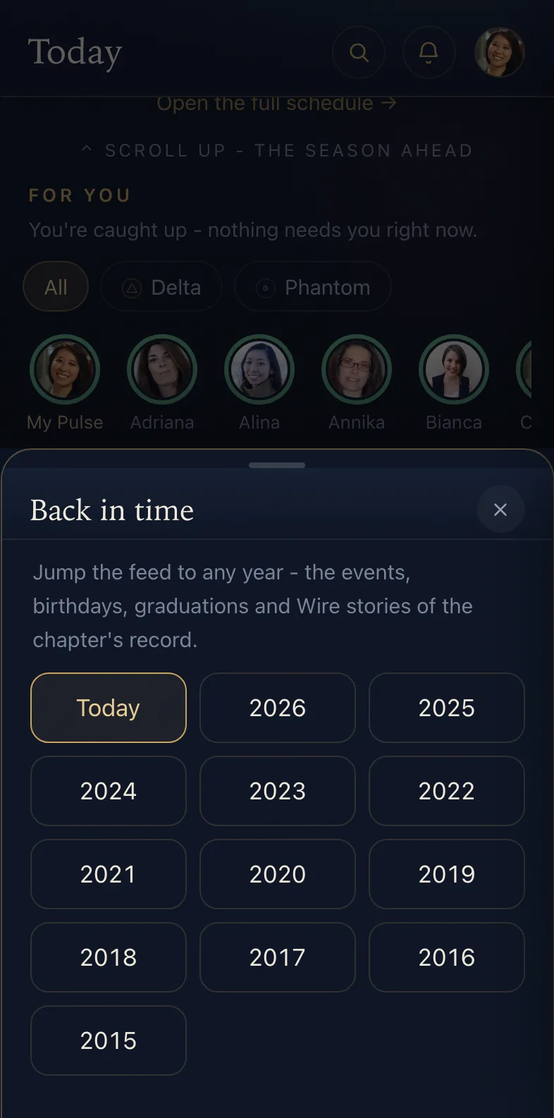 On-this-day cards bringing the chapter's past years back into the feed