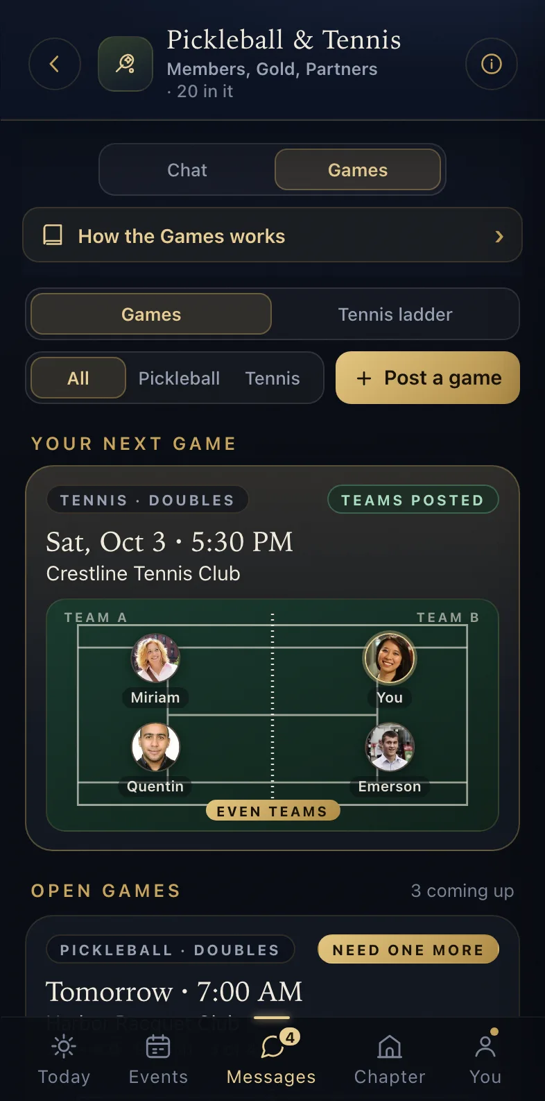 Pickleball & Tennis - the board of open games, with the one that needs one more player
