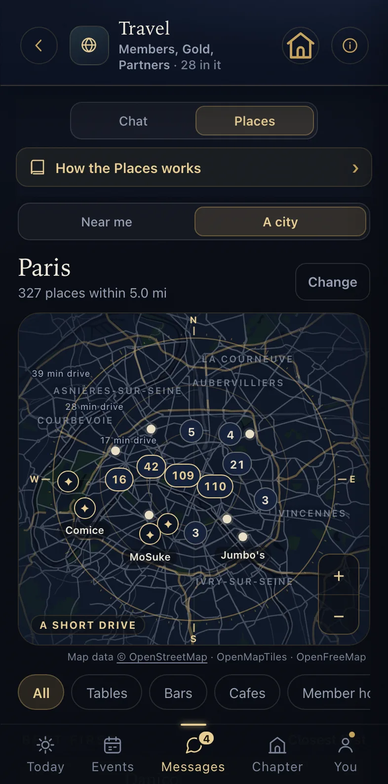 Travel - the places around a point in Paris, with the hotel a member owns marked