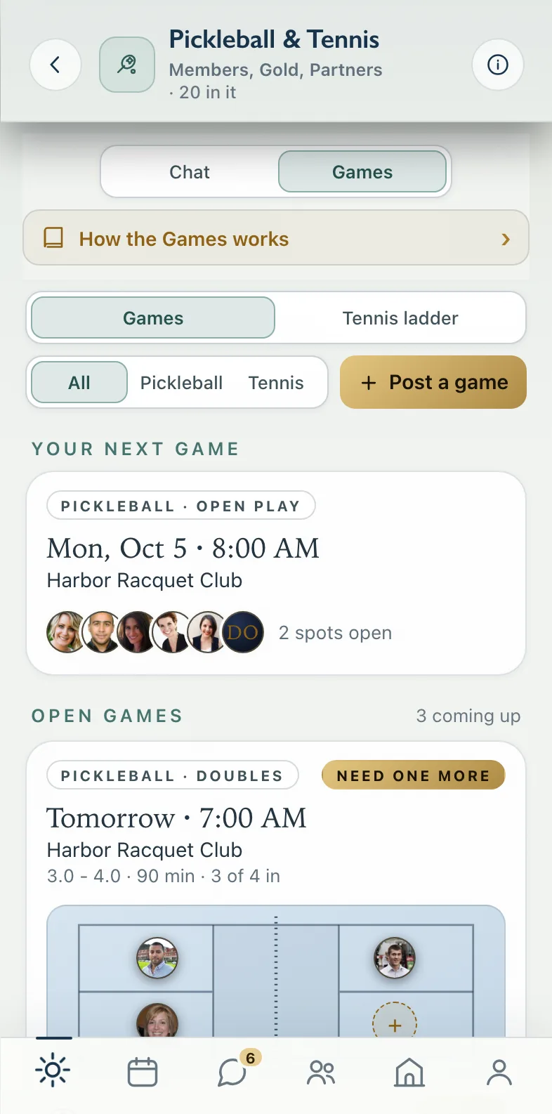 Pickleball & Tennis on the Wing - the board of open games, with the open play you are in and a game that needs one more